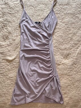 Sleeveless Ruched Taupe Wrap Front Mini Dress